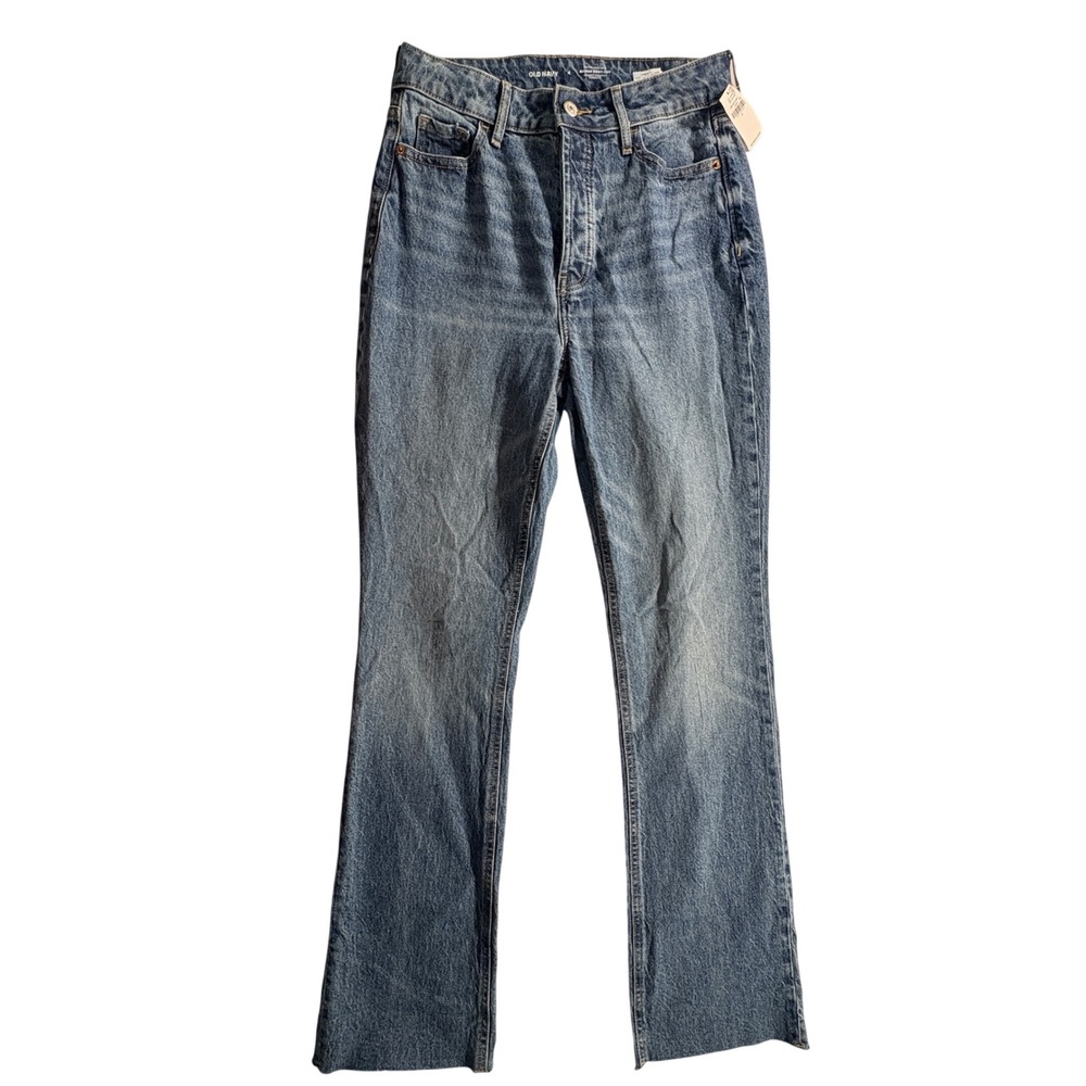 Old Navy Kicker Boot-Cut Jeans Womens 4 Extra High Rise Blue Raw Hem Button Fly